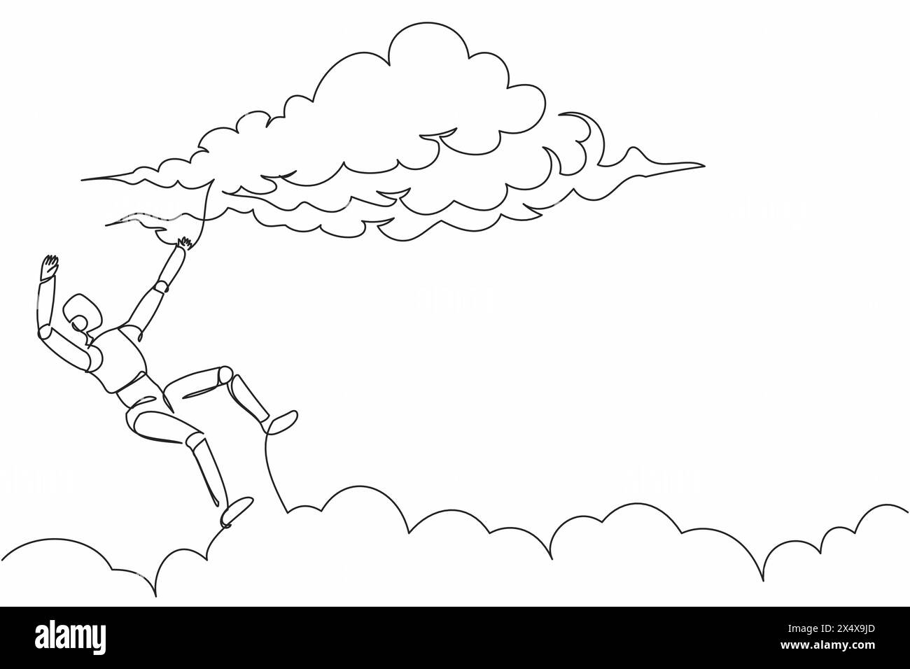Single continuous line drawing unlucky robot falling from cloud sky. Loses business or job. Robotic artificial intelligence. Electronic technology ind Stock Vector