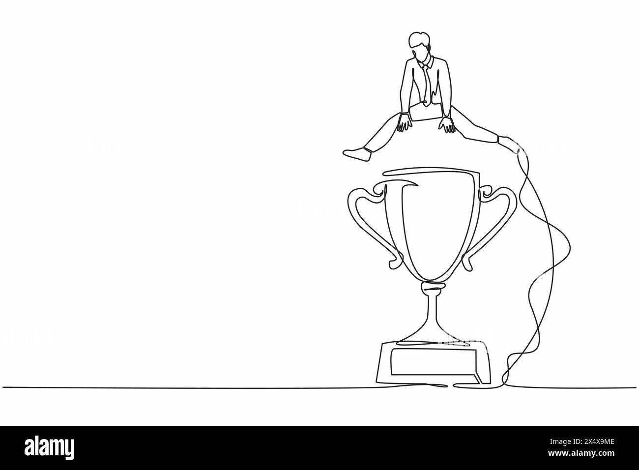 Single one line drawing businessman jumping over big trophy. Success or ...