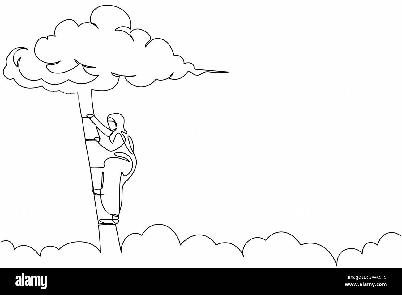 Single one line drawing Arabian businesswoman climbing up ladder to ...