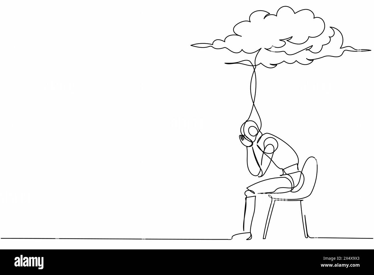 Continuous one line drawing sad robot sitting on chair under rain cloud. Worried about economic crisis. Humanoid robot cybernetic organism. Future rob Stock Vector