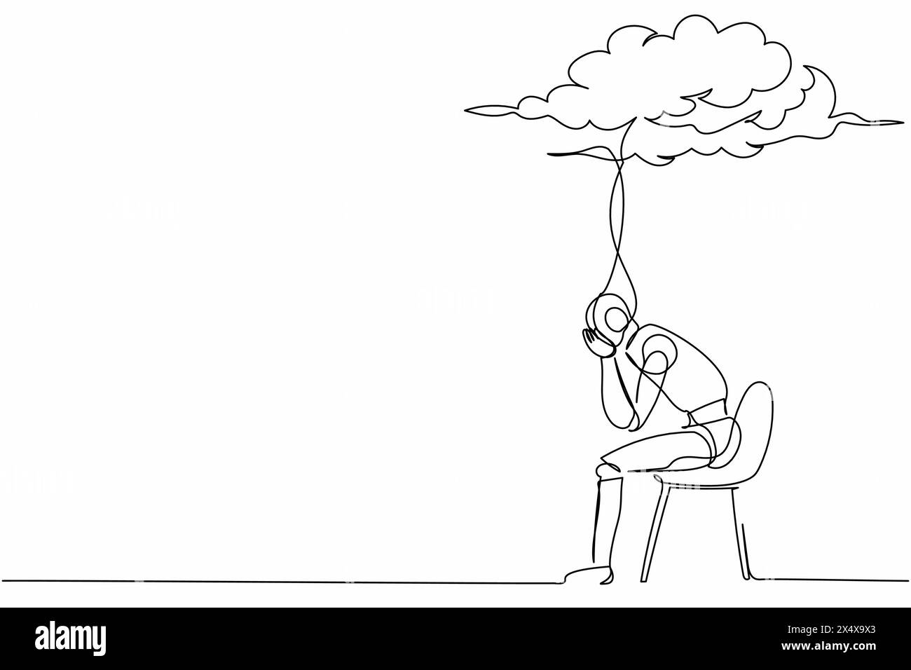 Continuous one line drawing sad robot sitting on chair under rain cloud ...