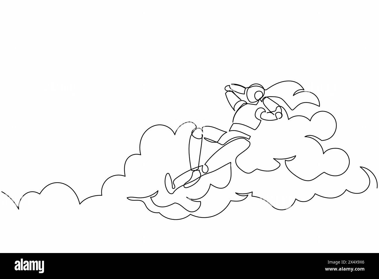 Single one line drawing happy robot relaxing laying on clouds. Future ...