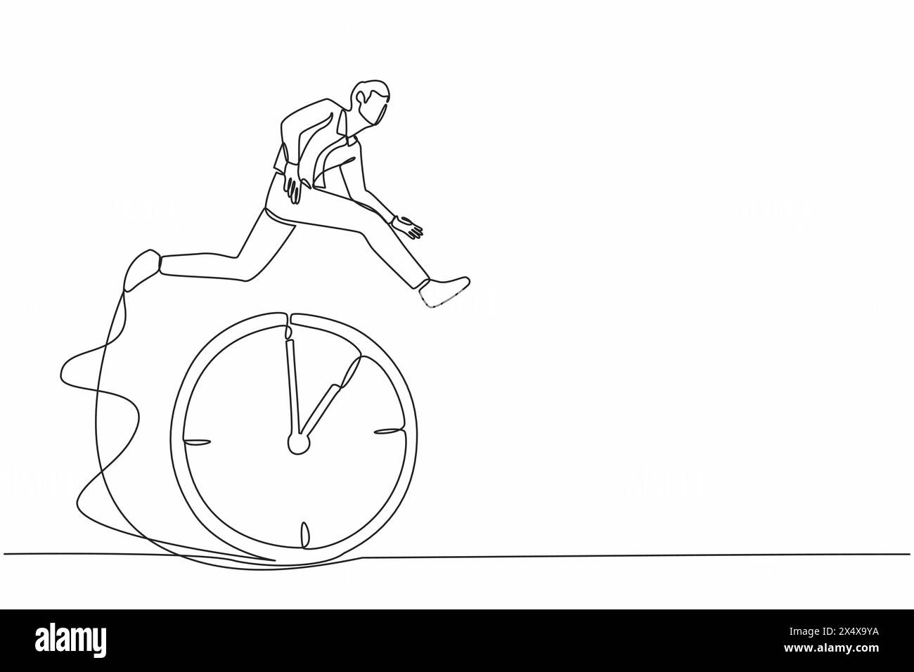 Single one line drawing confidence businessman employee worker jump over time passing clock