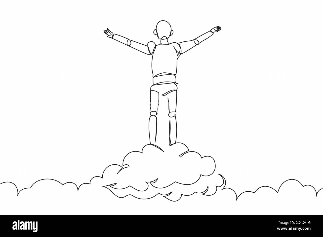 Single one line drawing robot on top of cloud with raised hand. Future ...