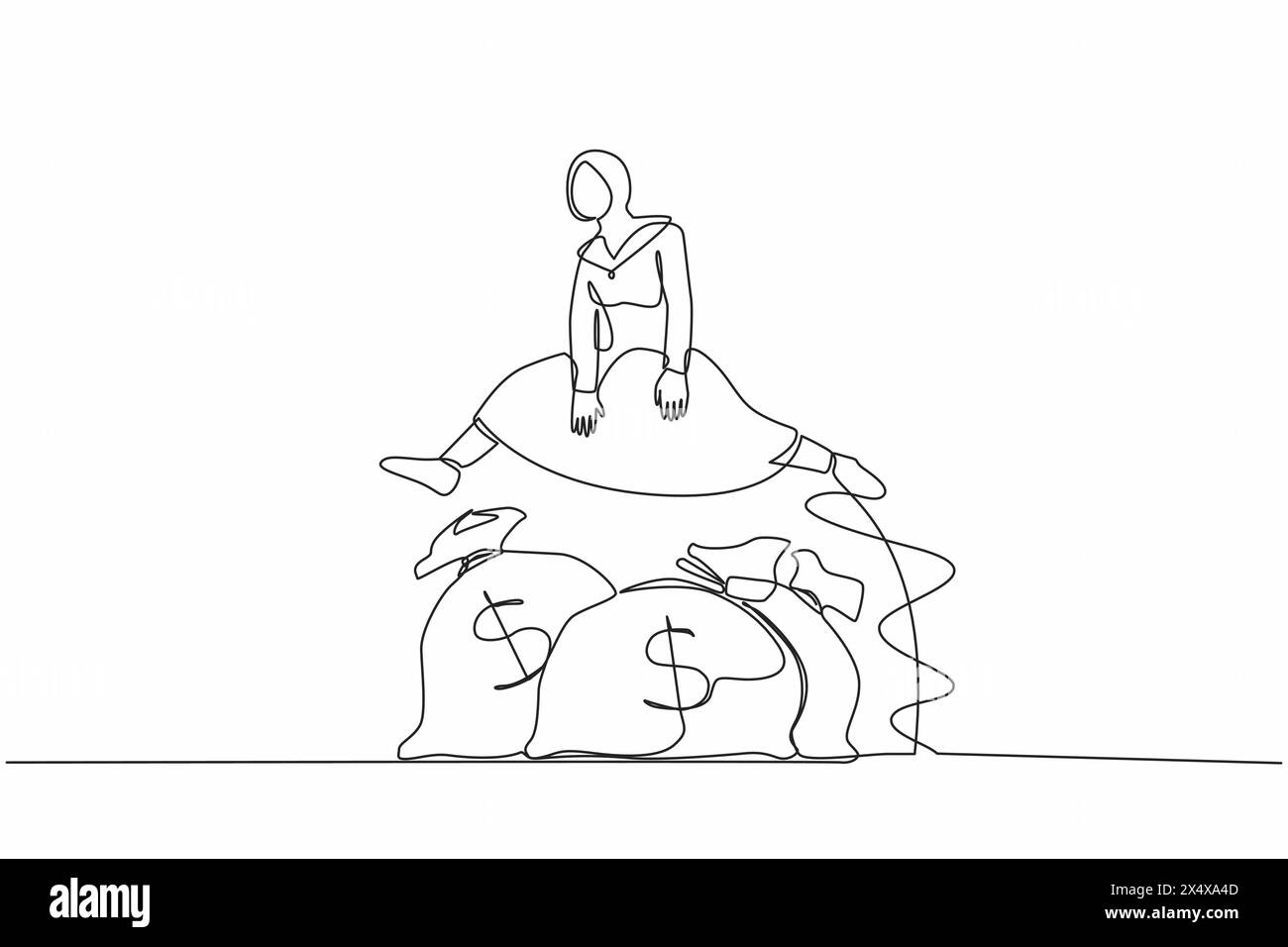 Continuous one line drawing Arab businesswoman jump over money bag. Business loan or capital funding, money help in crisis. Stimulus for starting comp Stock Vector