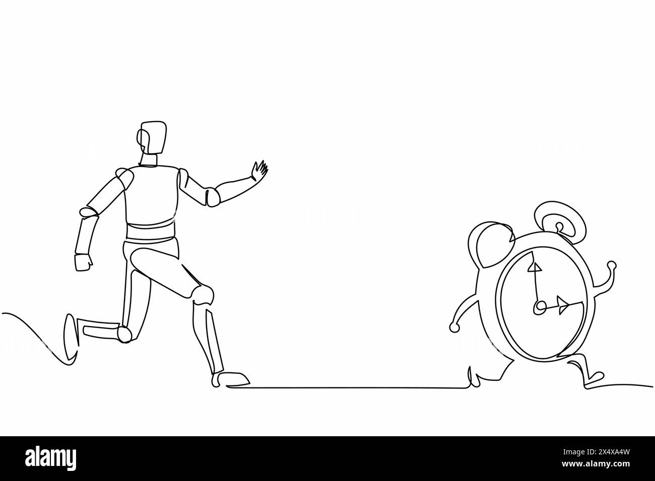 Single continuous line drawing robot chasing alarm clock. System ...