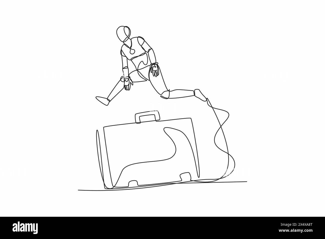 Continuous one line drawing robot jump over big briefcase. Professional ...