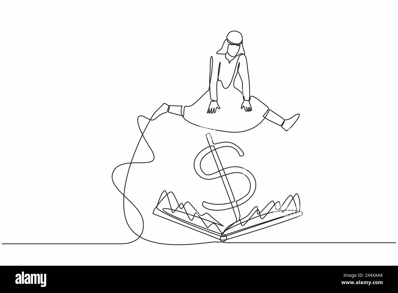 Single continuous line drawing Arab businessman jumping over pitfall with big money dollar sign bait. Financial investment scam. Trap of getting rich Stock Vector