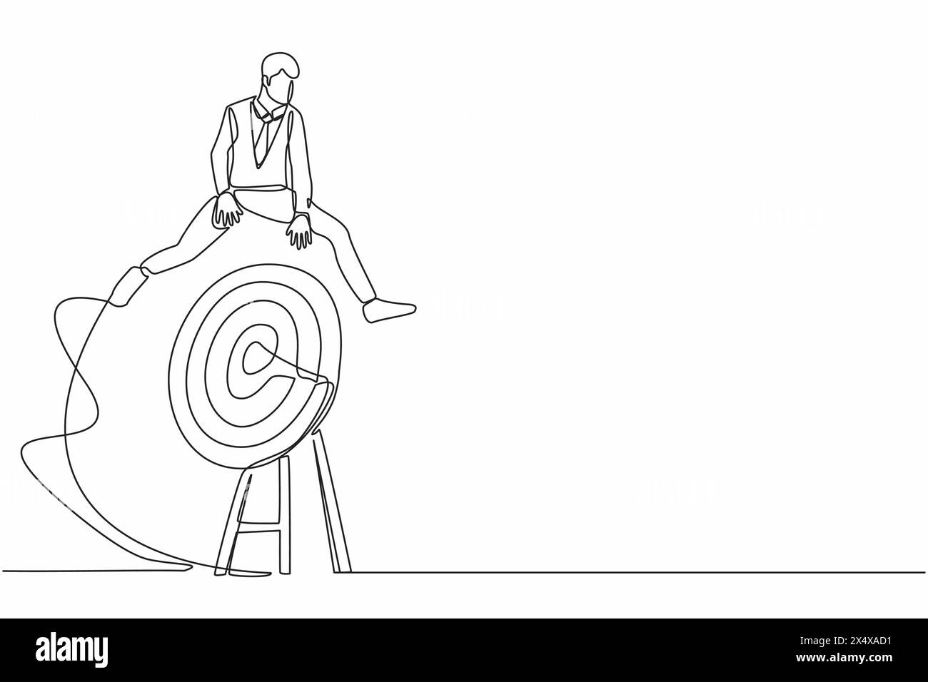 Single continuous line drawing businessman jumping on big archery bull's eye target. Aspiration motivation to achieve business target, advancement in Stock Vector