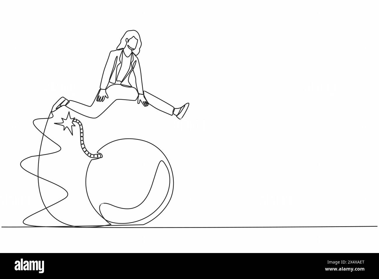 Single continuous line drawing businesswoman jumping over bomb. Explosion of the economic crisis that has an impact on increasing unemployment and pov Stock Vector