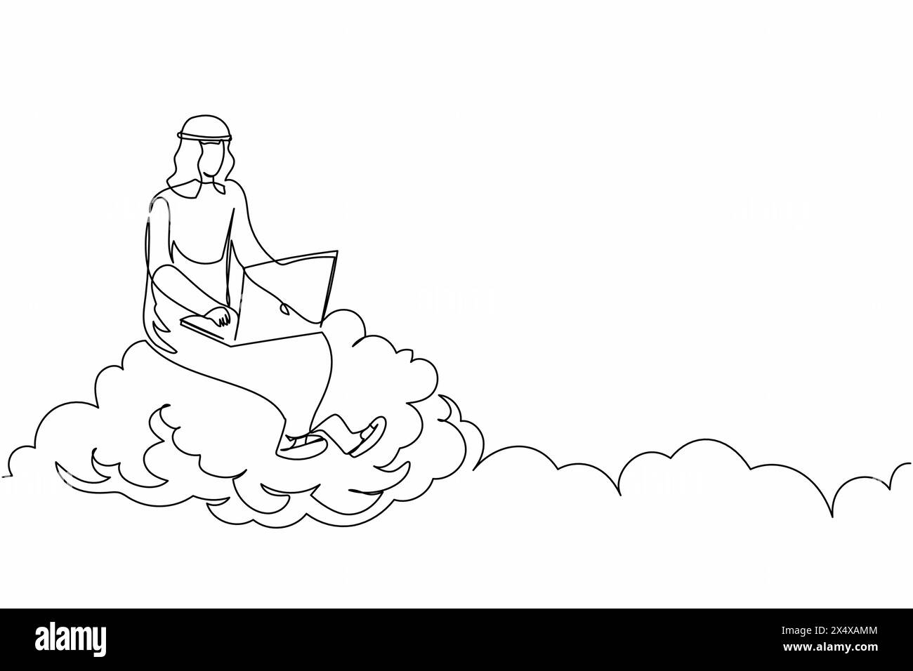 Continuous one line drawing Arab businessman sitting on cloud in sky and working with laptop. Wireless internet connection. Social networking media. S Stock Vector