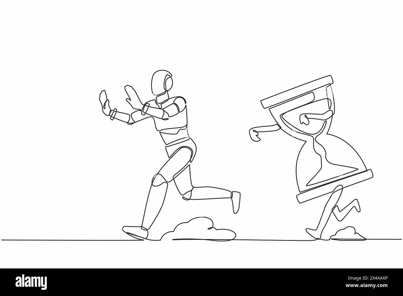 Single continuous line drawing stressed robot being chased by hourglass ...