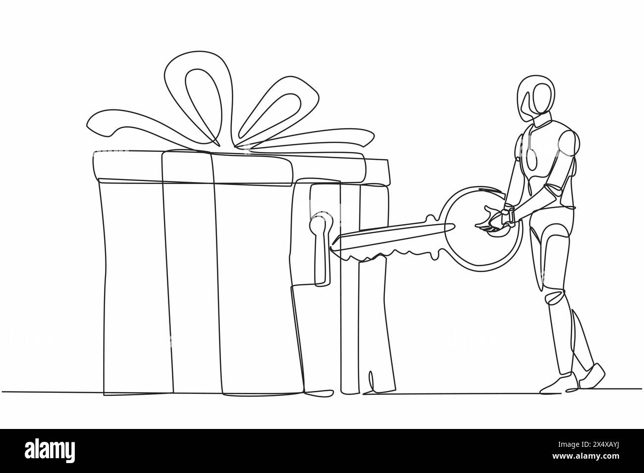 Continuous one line drawing robot putting key into gift box with ribbon ...