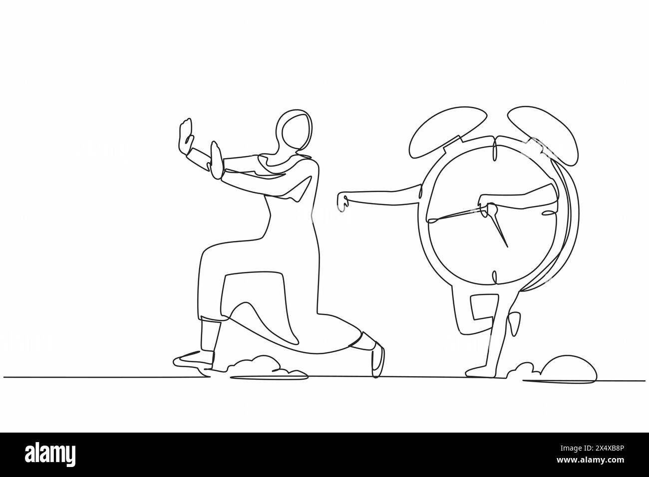 Single continuous line drawing fright Arab businesswoman being chased by alarm clock. Female manager hurry in deadline project. Running out of working Stock Vector