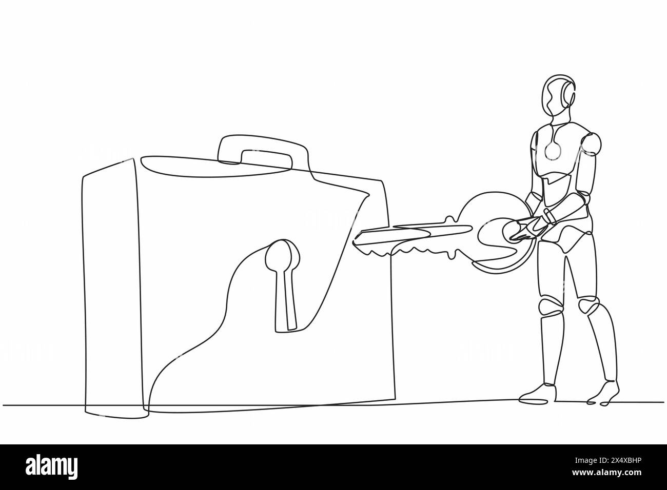 Single one line drawing robot putting key into briefcase. Safety bag ...