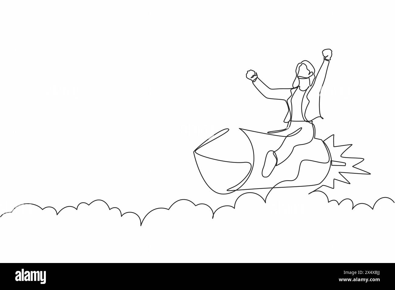Single continuous line drawing businesswoman riding a rocket through the sky, concept for business success or innovation. Minimalist metaphor. Dynamic Stock Vector