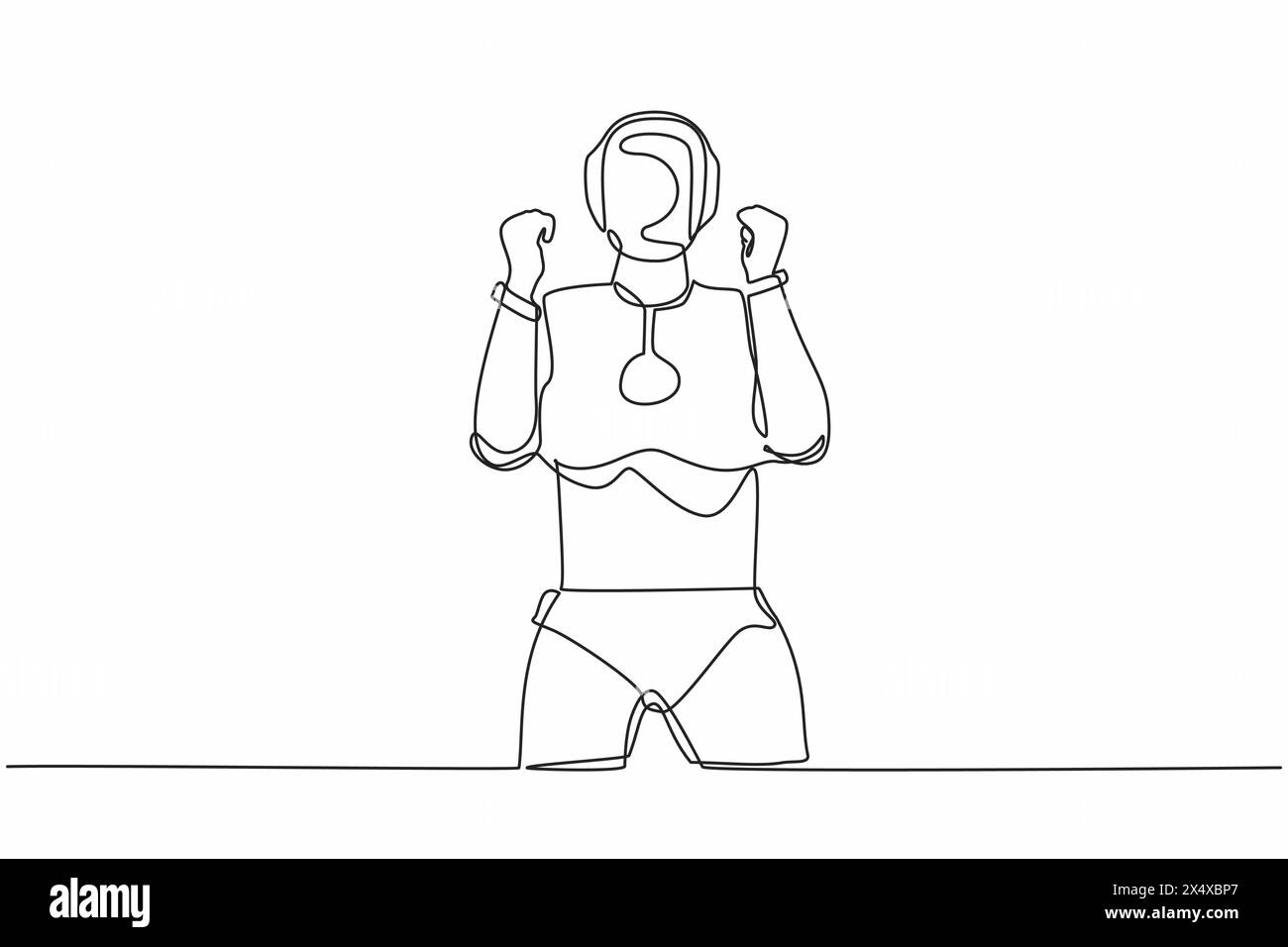 Single continuous line drawing robot standing with both hands do ...