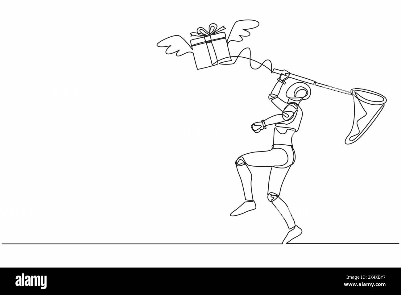 Single one line drawing robot try to catching flying gift box with ...