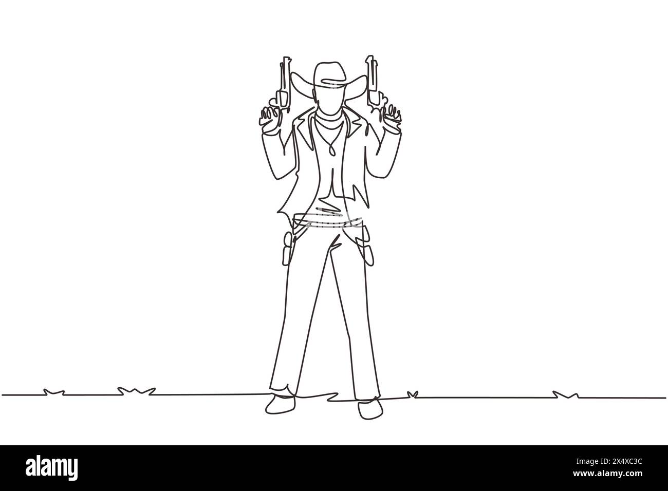 Single continuous line drawing American cowboys holding and raised his two guns up. Old wild west gunslinger holding two guns. Weapons for self-defens Stock Vector