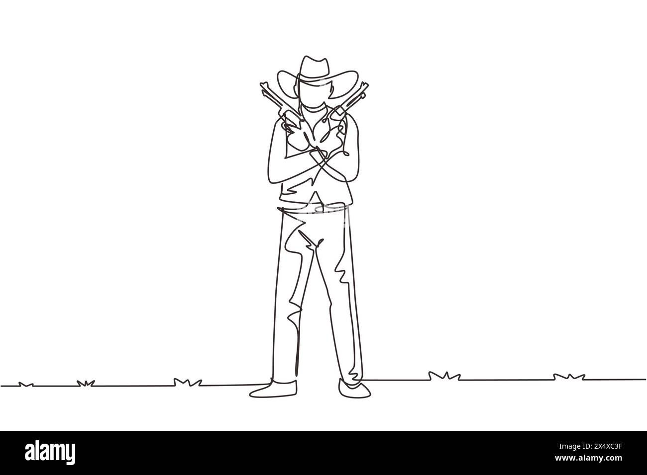 Single one line drawing wild west gunslinger holding two guns. American cowboys holding his two weapons above his chest. Weapons for self-defense. Mod Stock Vector