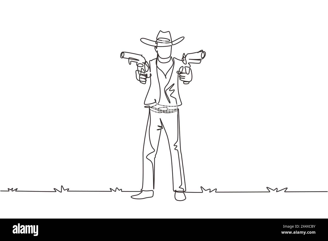Continuous one line drawing wild west gunslinger holding two guns. American cowboys aiming two pistols in the desert. Weapons for self-defense. Single Stock Vector