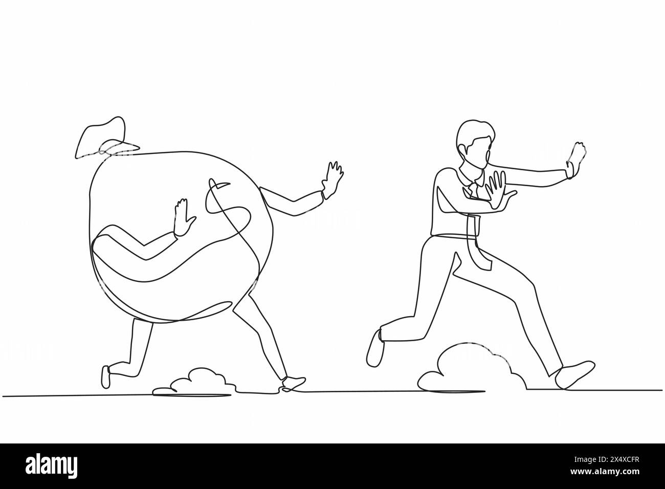 Continuous one line drawing stressed businessman being chased by money bag. Failed achieving goals and profit, exhausted for success, running out for Stock Vector