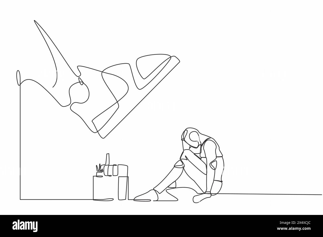 Single continuous line drawing robot sitting on the floor near office ...