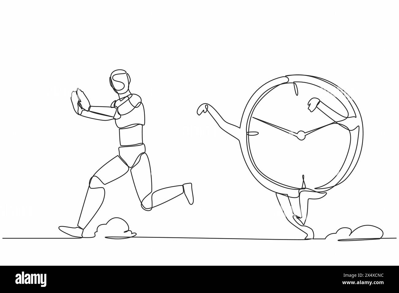 Single continuous line drawing stressed robot being chased by time ...