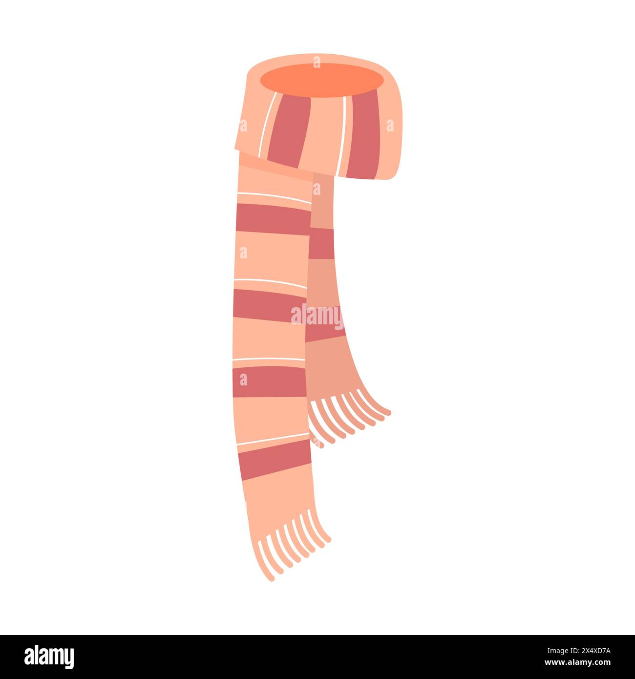 Knitted pink wool scarf with red stripes and fringes, warm accessory vector illustration Stock Vector