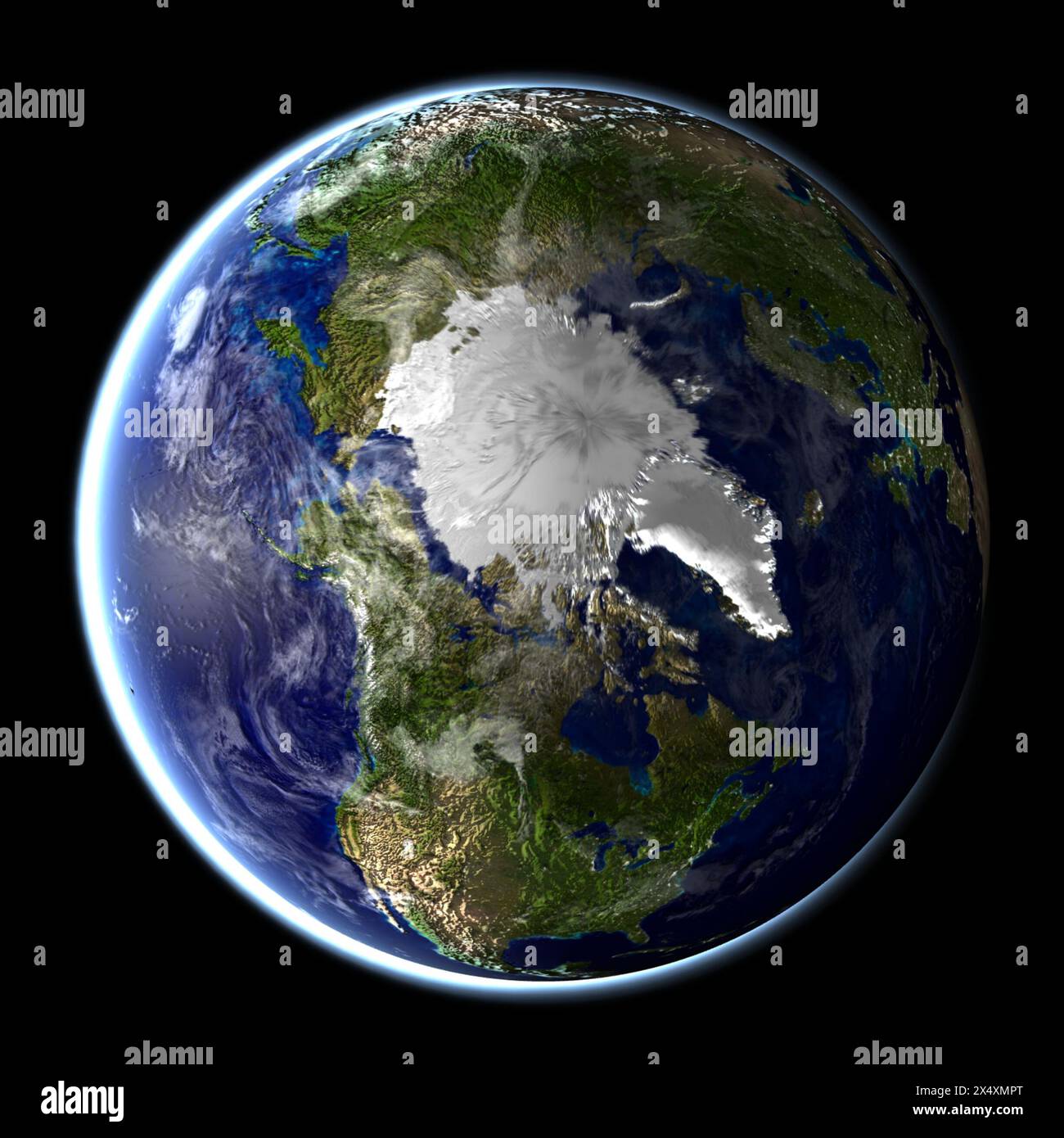 view of the planet earth with the  geographic north pole in the center Stock Photo