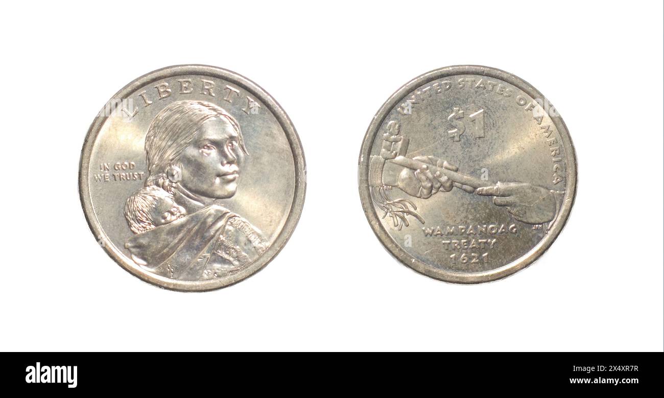 2011 Sacagawea Dollar Coin WAMPANOAG TREATY 1621 carrying her young son, Jean Baptiste. reverse side with hands of Supreme Sachem Ousamequin Massasoit Stock Photo
