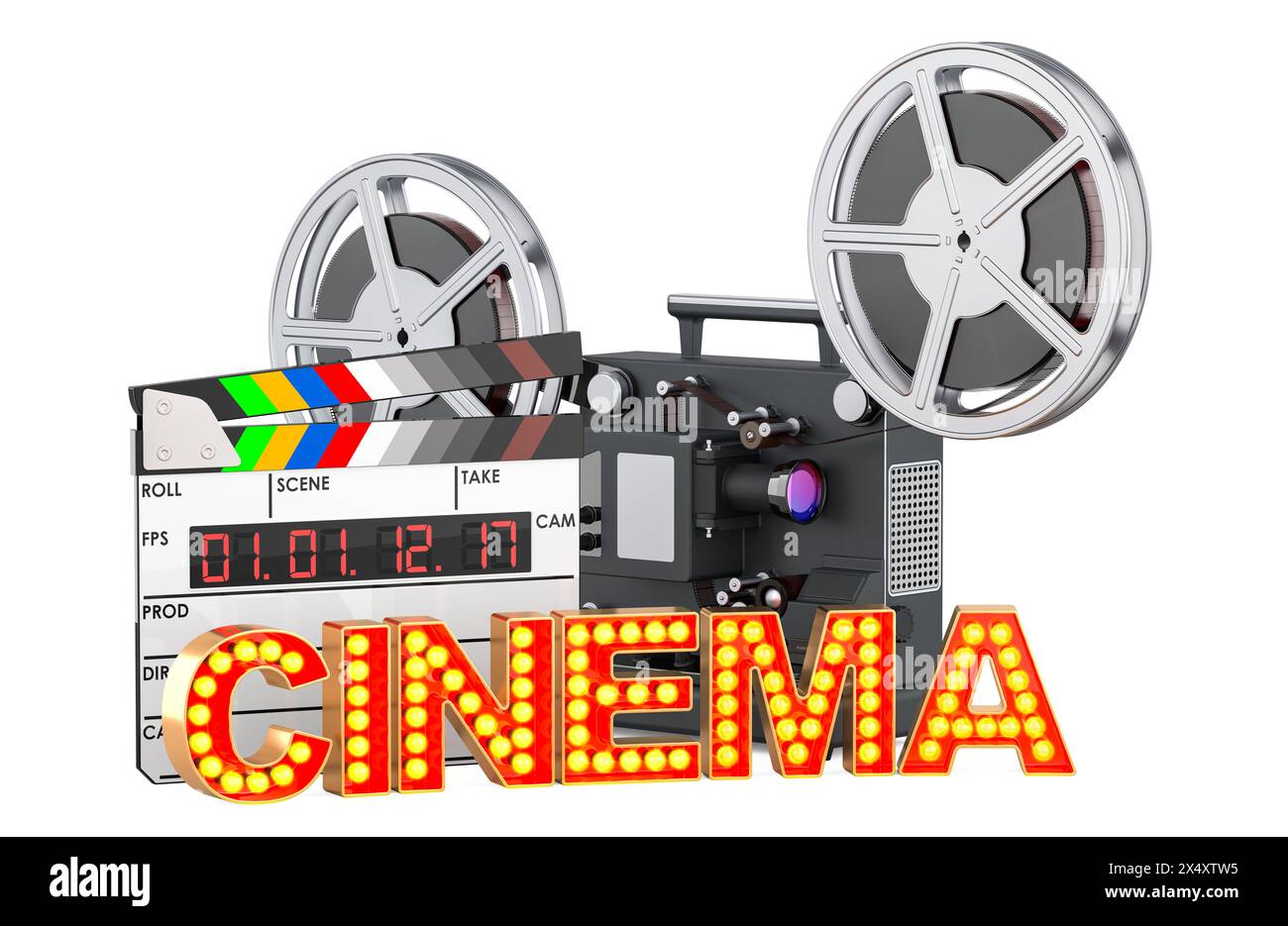 Filmmaking and film distribution concept. Cinema projector with clapperboard and cinema signboard from golden light bulb letters. 3D rendering isolate Stock Photo