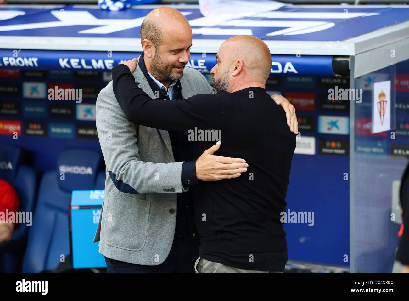 Barcelona, Spain. 05th May, 2024. Head coach Miguel Ramirez (L) of Sporting Gijon seen with head coach Manolo Gonzalez (R) of Espanyol before the LaLiga 2 match between Espanyol and Sporting Gijon at the Stage Front Stadium in Barcelona. (Photo Credit: Gonzales Photo/Alamy Live News Stock Photo