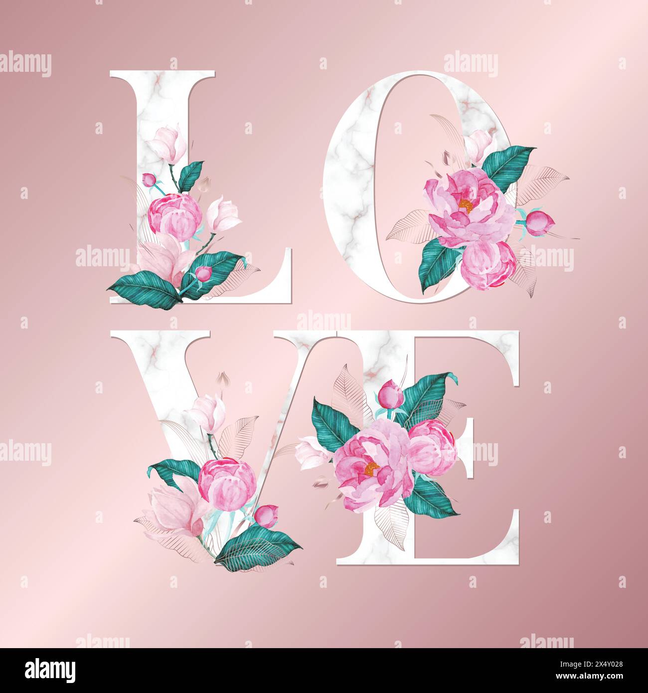 Alphabet letters with watercolor flowers on rose gold background ...