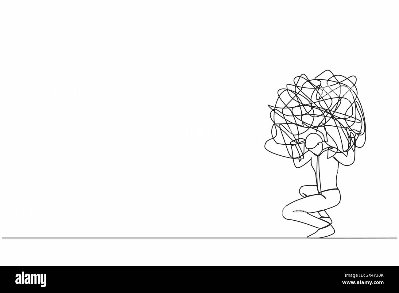 Single continuous line drawing exhausted businessman carrying heavy messy line on his back. Anxiety from work difficulty and overload, problem in econ Stock Vector