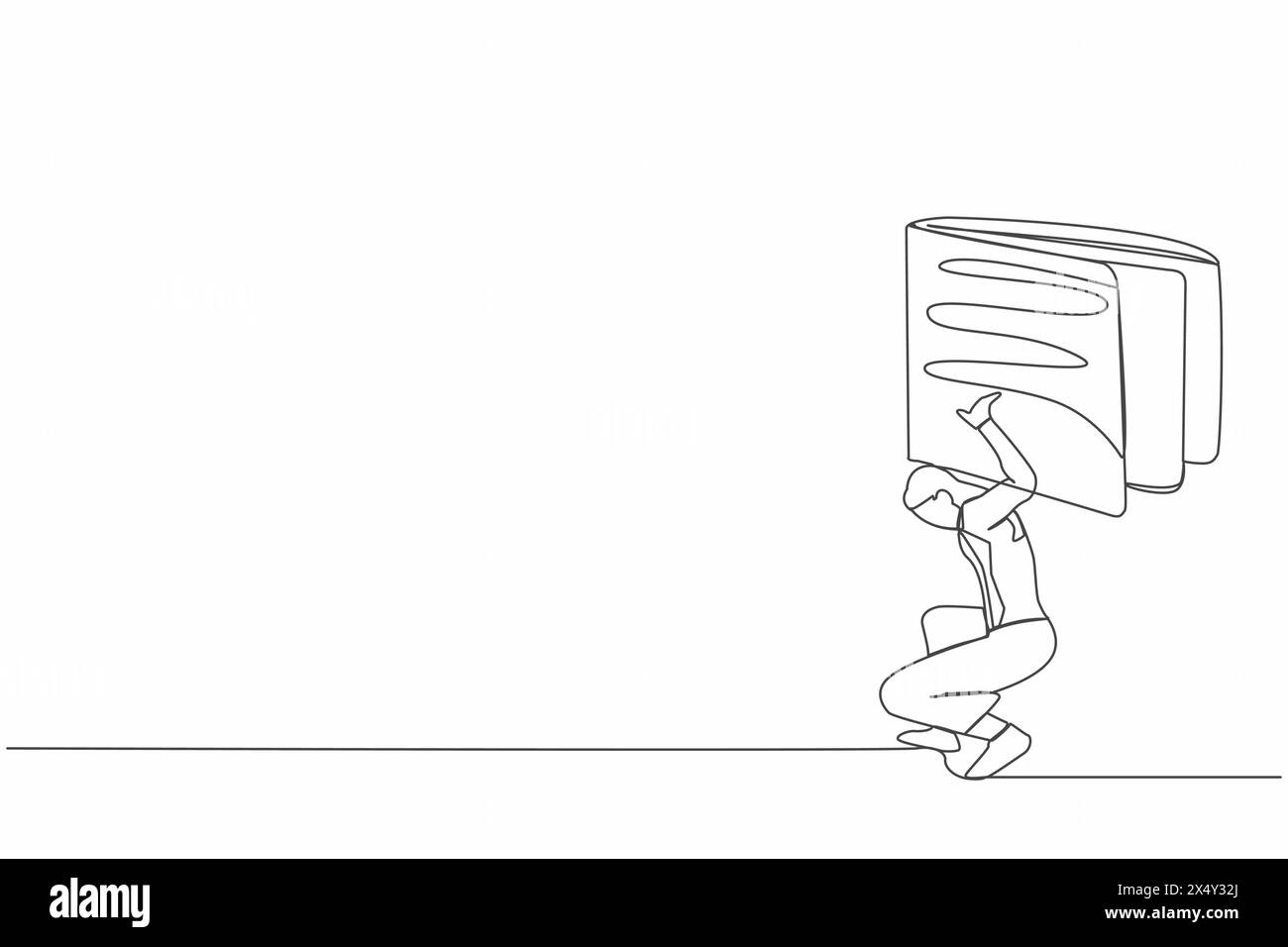 Continuous one line drawing of frustrated businesswoman carrying heavy wallet on her back. Tired hard working office employee. Financial economic cris Stock Vector