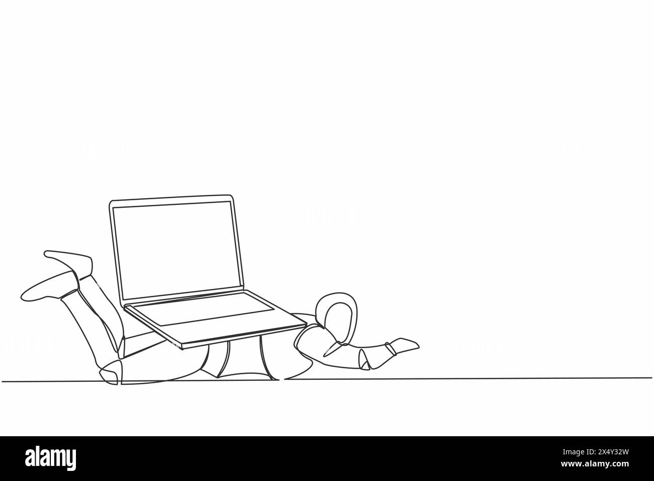 Single one line drawing stressed robot under heavy laptop computer ...