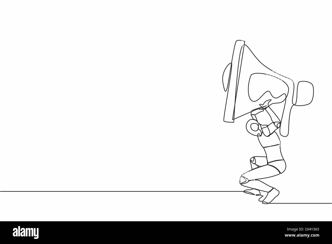 Single one line drawing tired robot carrying heavy megaphone on his ...