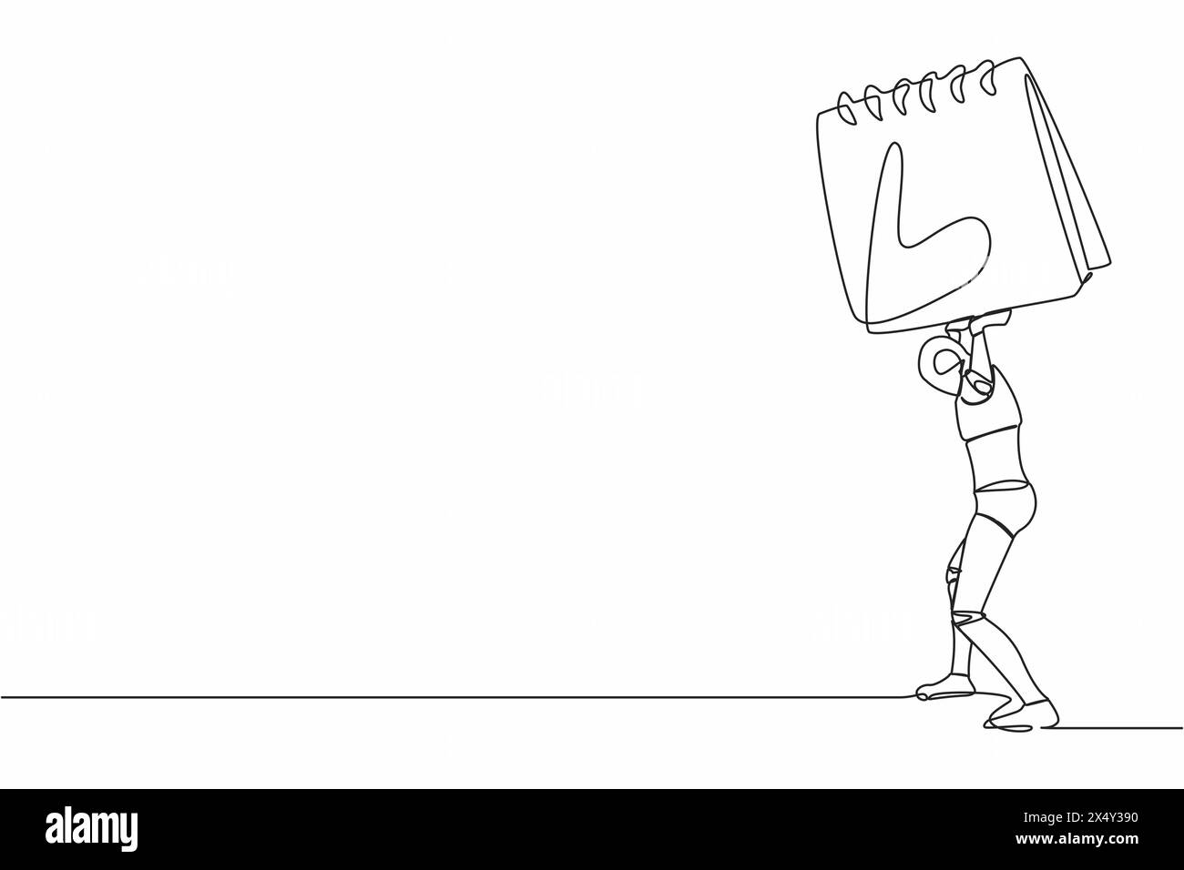 Single one line drawing tired robot carrying heavy calendar on his back ...