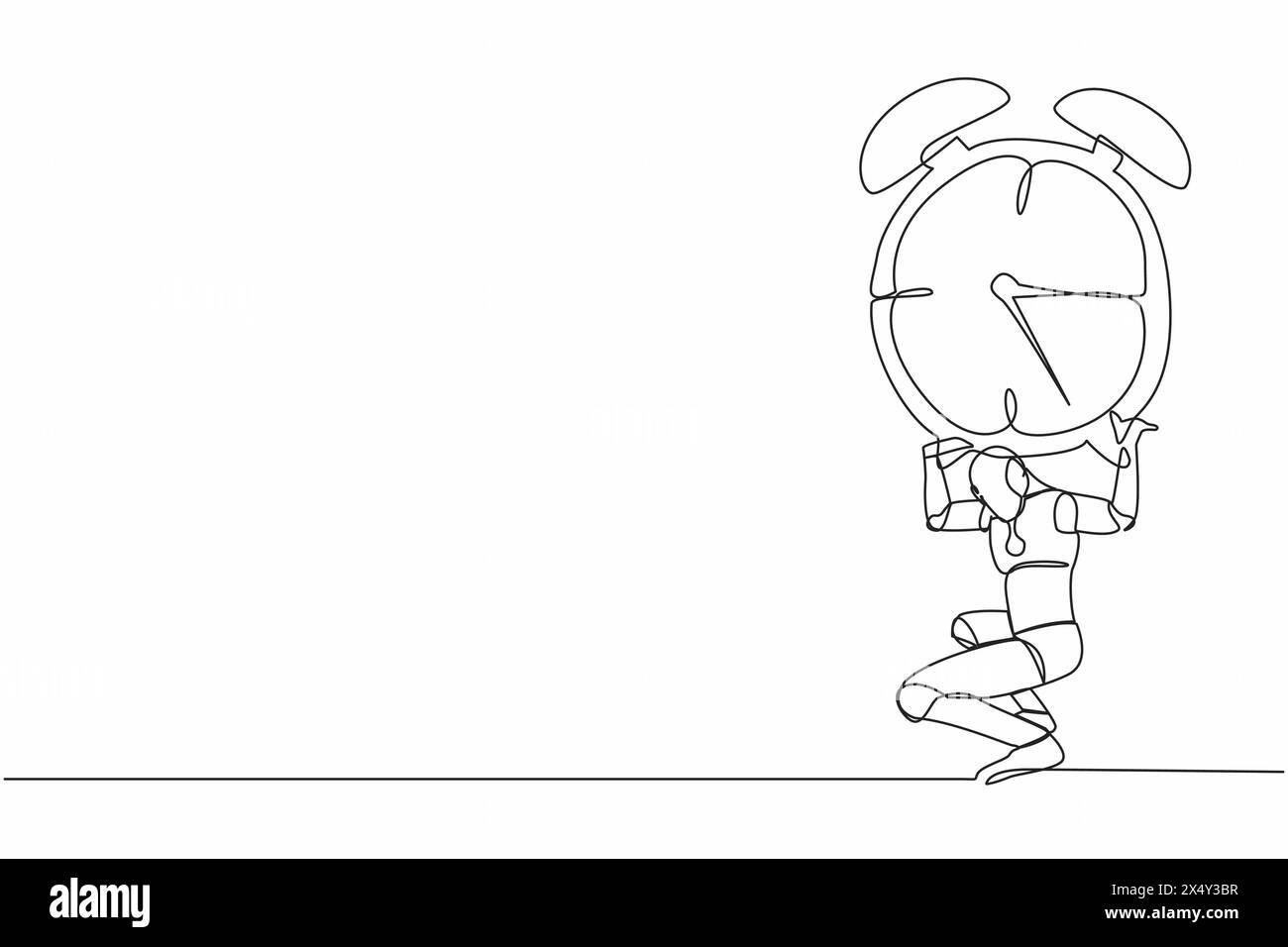 Single one line drawing tired robot carrying heavy alarm clock on his ...
