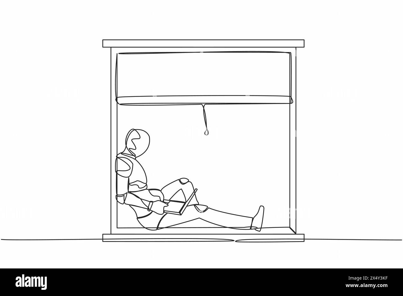 Continuous one line drawing robot freelancer sitting on windowsill, working using laptop. Remote work from home. Humanoid robot organism. Future robot Stock Vector