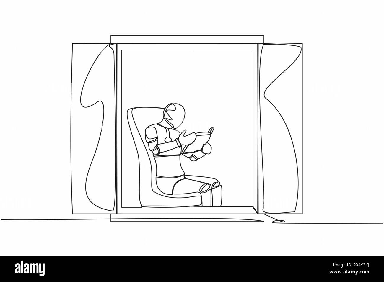 Continuous one line drawing robot sitting in chair and reading book ...