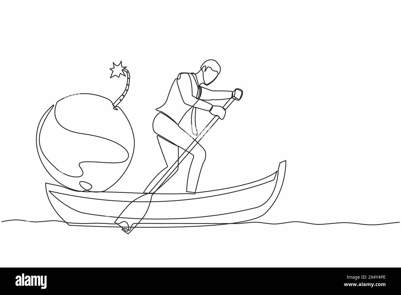 Single continuous line drawing businessman standing in boat and sailing