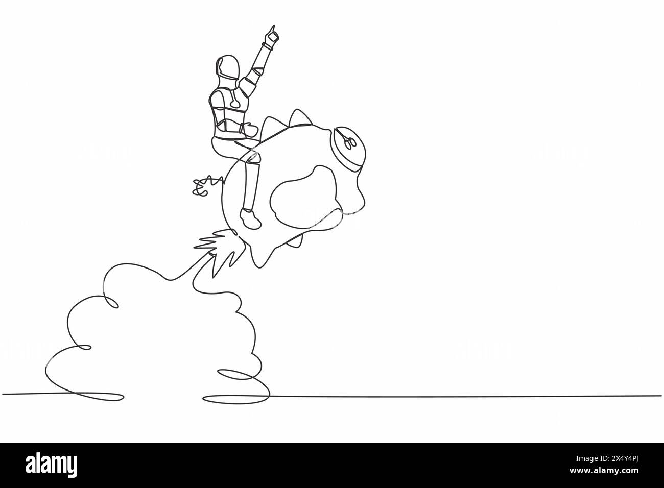 Single continuous line drawing robot riding piggy bank rocket flying in ...