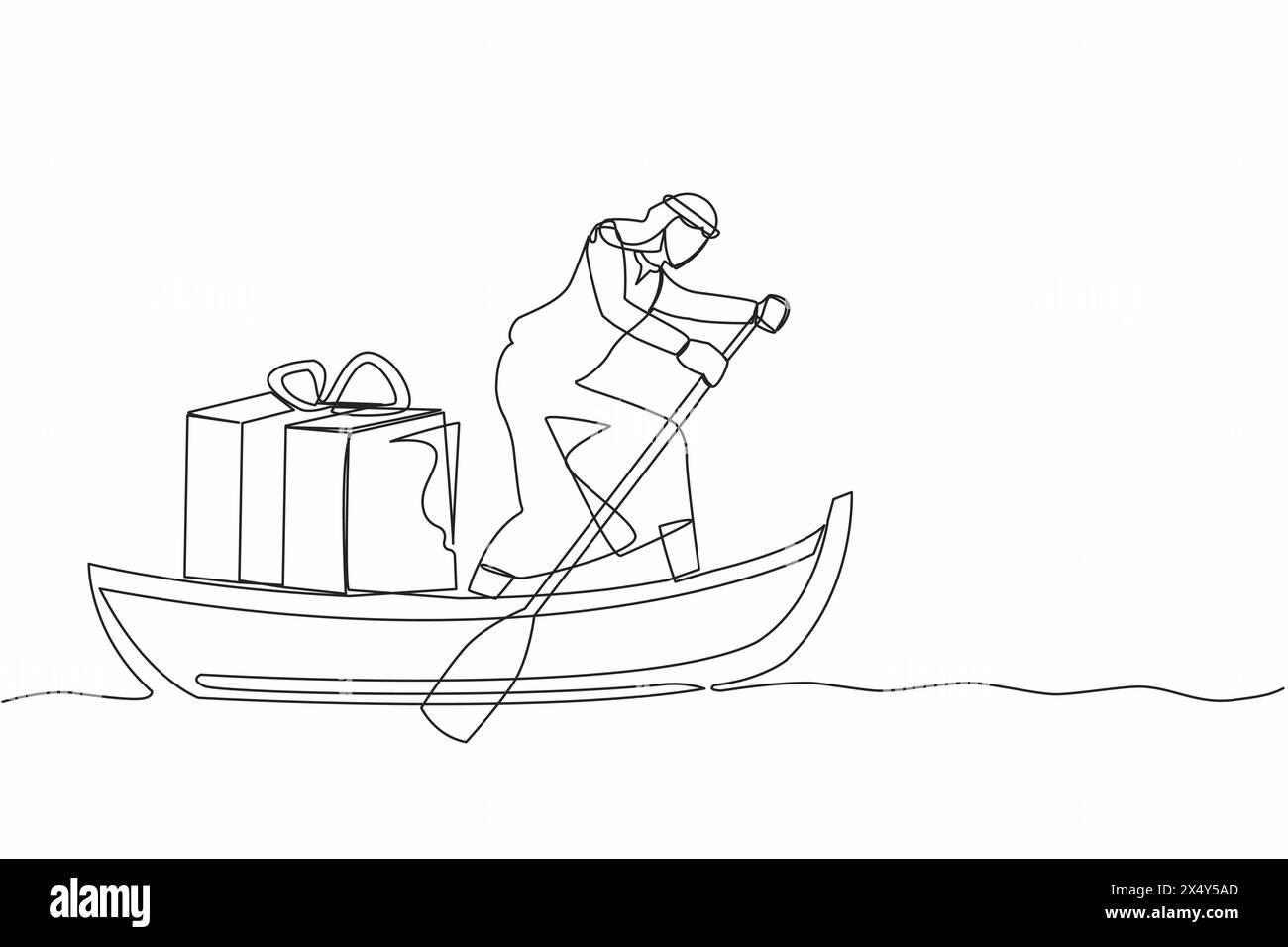Single one line drawing Arabian businessman sailing away on boat with