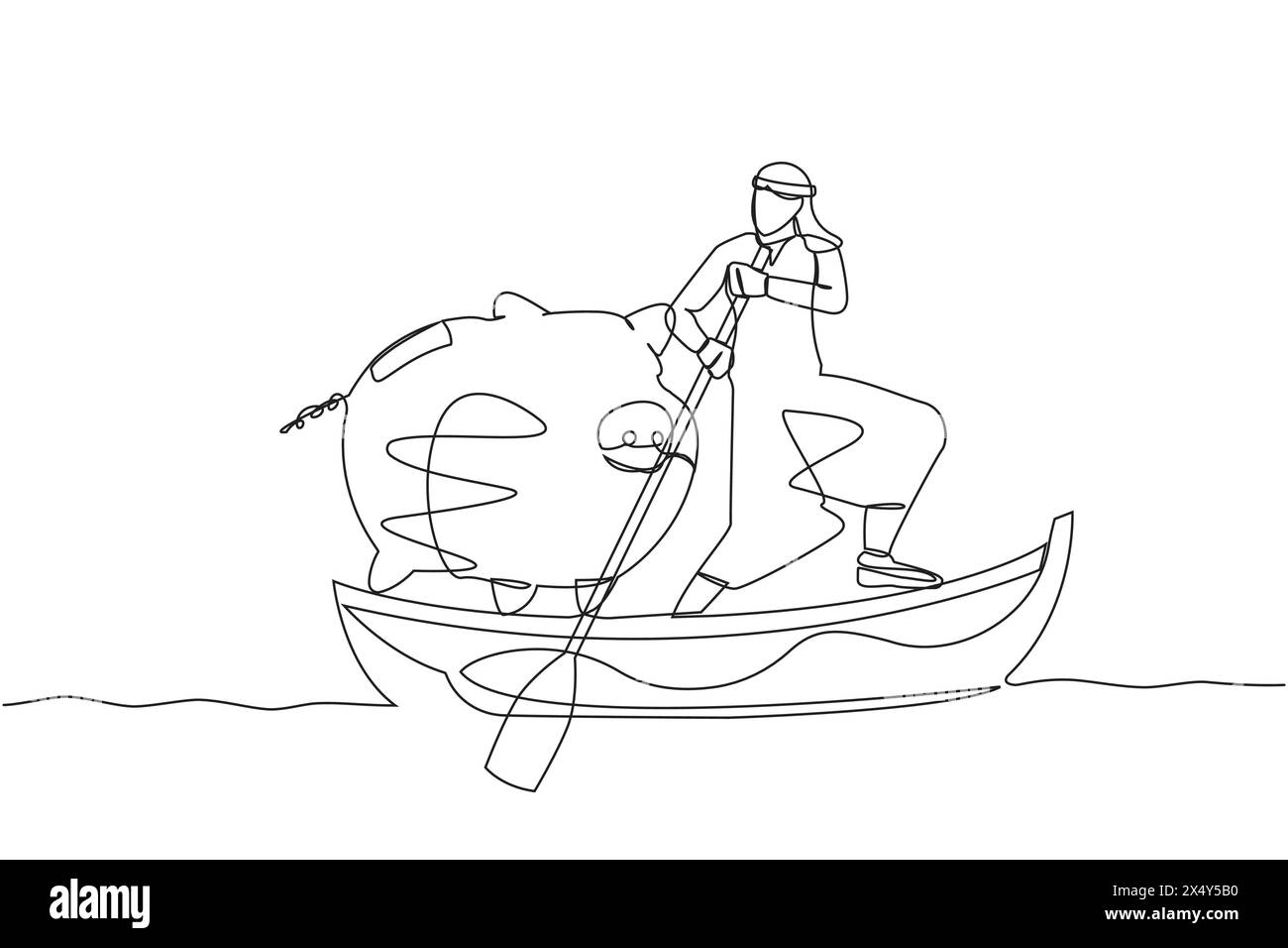 Continuous one line drawing Arabian man sailing away on boat with piggy