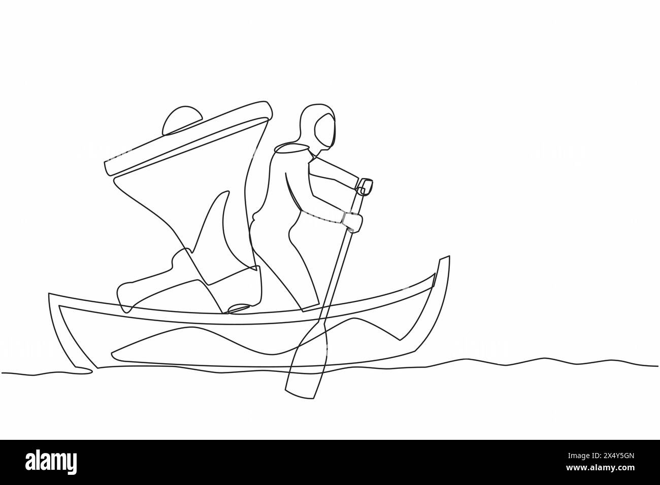 Single continuous line drawing Arabian businesswoman standing in boat