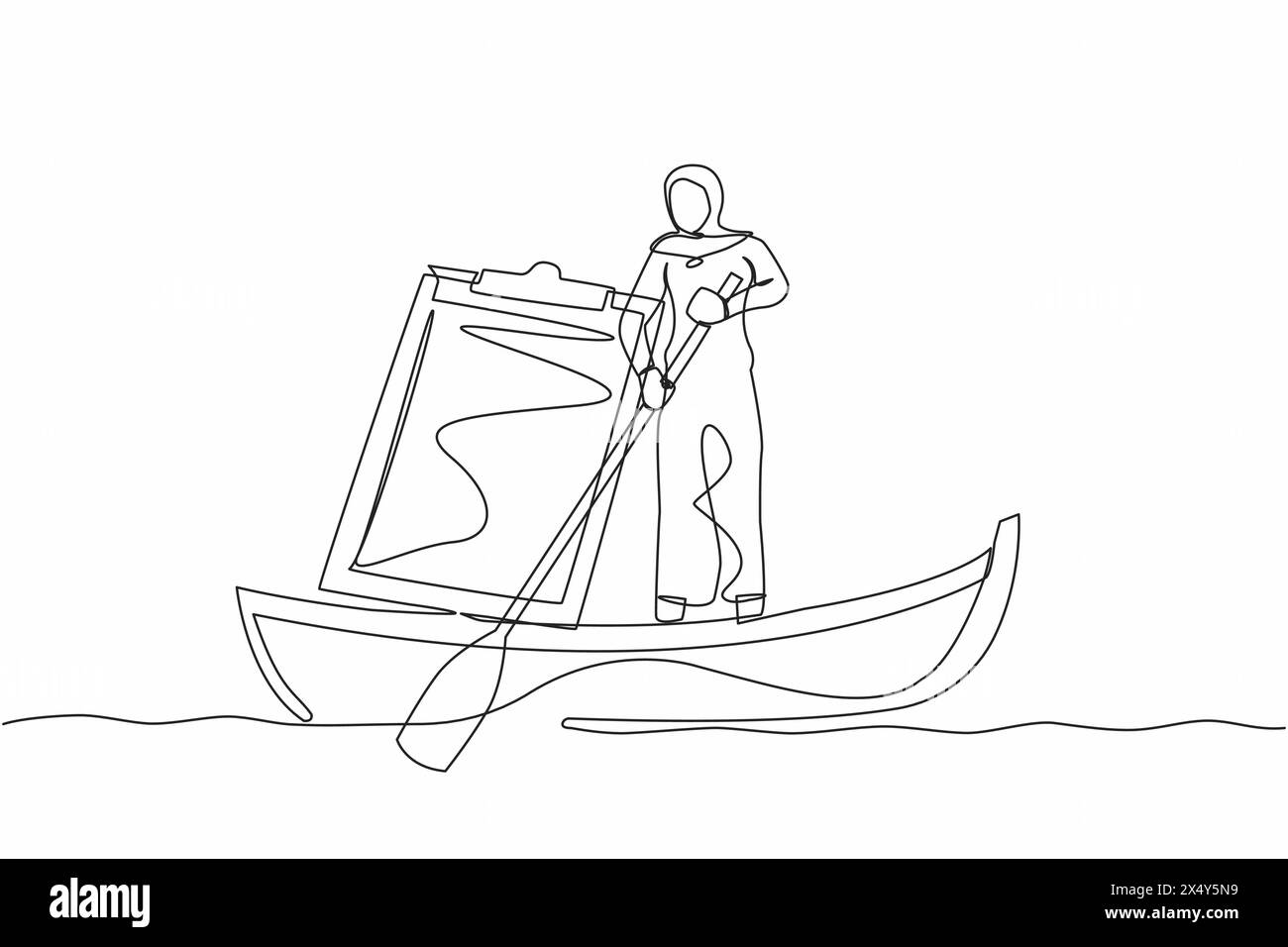 Single one line drawing Arabian businesswoman standing in boat, sailing