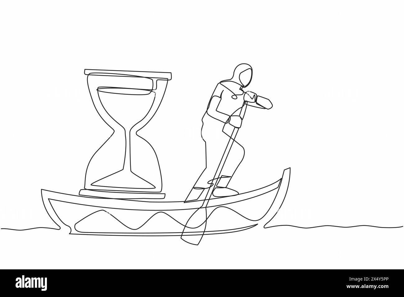 Single continuous line drawing Arab businesswoman standing in boat and
