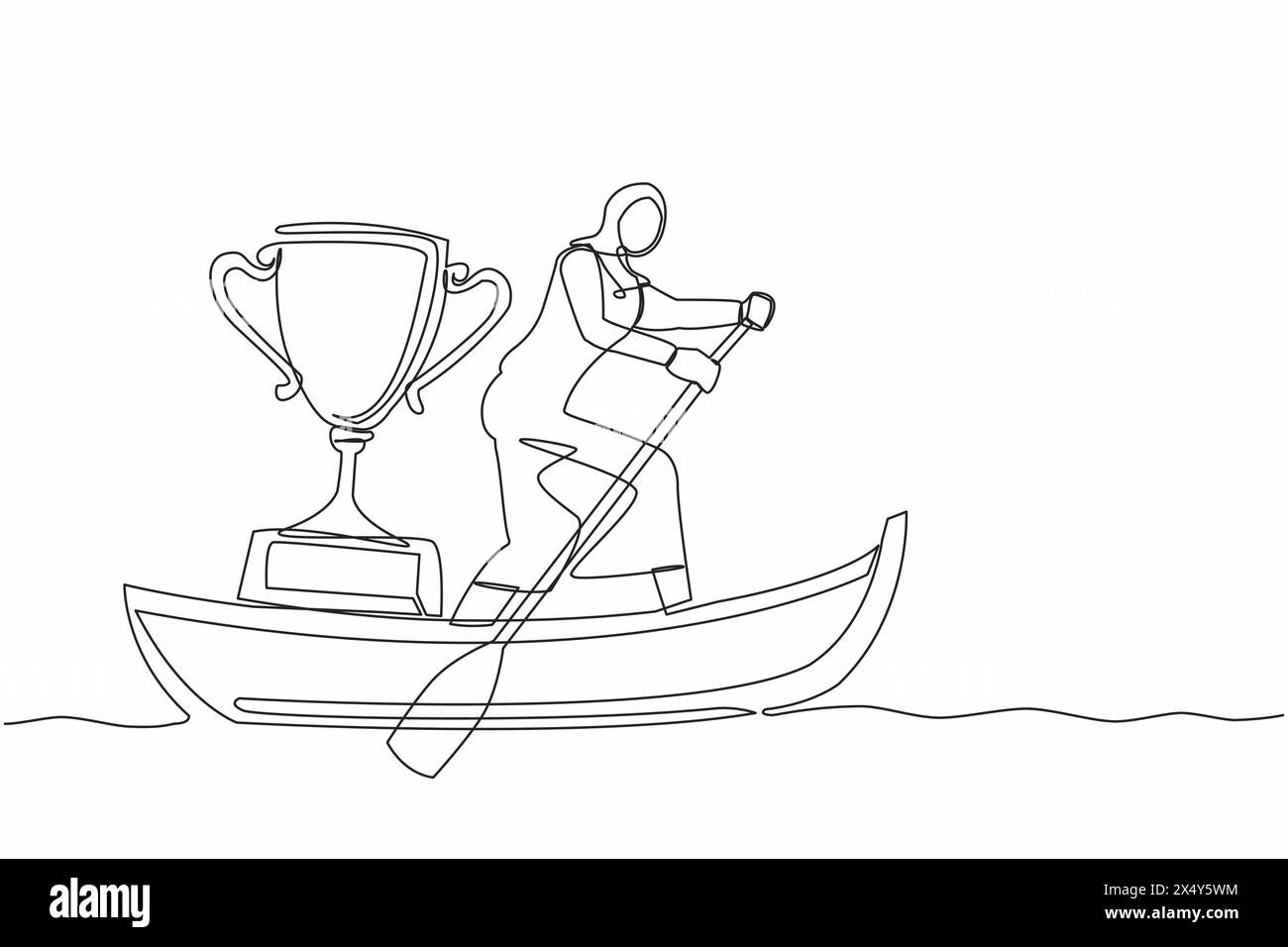 Single continuous line drawing Arab businesswoman standing in boat and